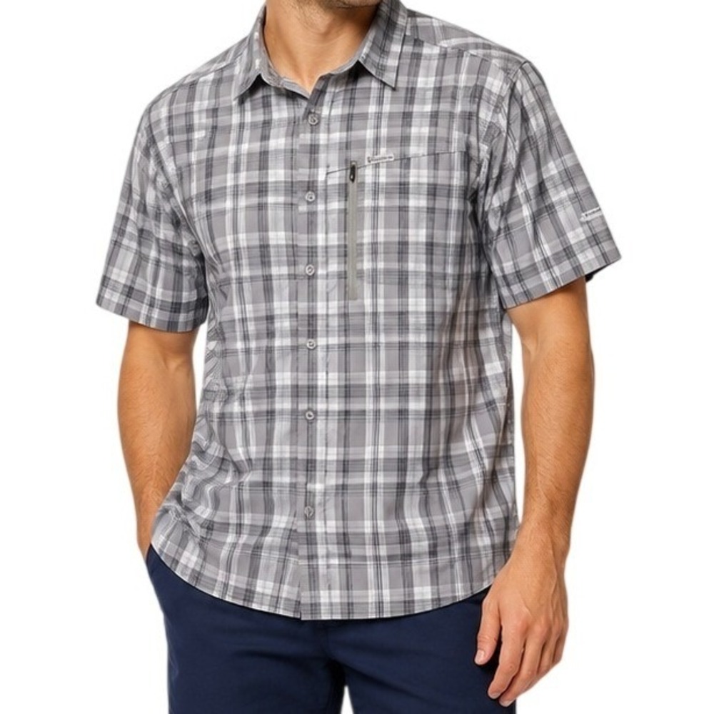 Columbia Plaid Button Up Shirt Mens XXL Grey Omni-Shade Short Sleeve